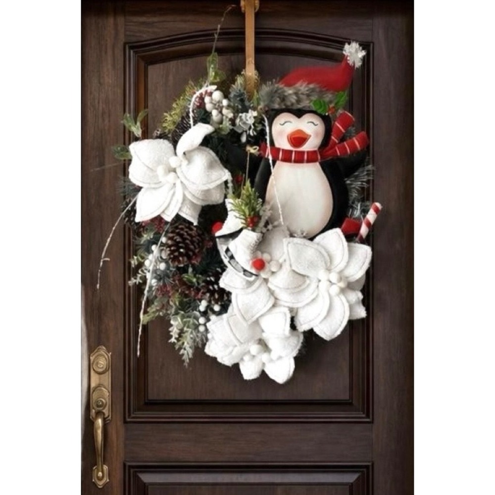 Winter Penguin Wreath White Sherpa Poinsettia Ice Skates Holiday Decor